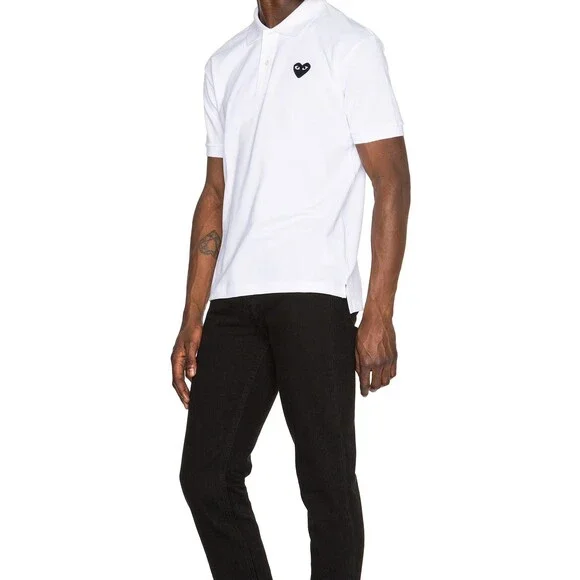 COMME DES GARCONS PLAY CDG PLAY BLACK EMBLEM POLO WHITE T-SHIRT - Picture 5 of 6